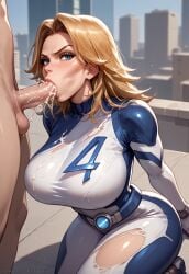 ai_generated alternate_version_at_source angry big_breasts blonde_hair blowjob bodysuit bodysuit_open city_background cum cum_in_mouth cumming fellatio female hypet invisible_woman invisible_woman_(marvel_rivals) marvel marvel_rivals ripped_bodysuit ripped_clothing shiny shiny_skin sue_storm tagme