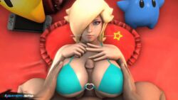 1boy 1girls 3d animated bayernsfm bikini blonde_hair blue_bikini blue_bikini_top blue_eyes breast_grab breasts female female_focus hair_over_one_eye kneeling large_breasts lips luma lying male mario_(series) mouth_hold nintendo nintendo_switch o-ring_top on_back paizuri paizuri_under_clothes penis pillow pov princess_rosalina super_mario_galaxy swimsuit uncensored wand