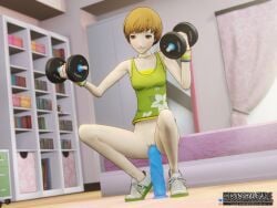 1girls 3d kikanshalewds orange_eyes orange_hair persona_4 riding riding_dildo satonaka_chie shoes squatting squatting_on_dildo weightlifting