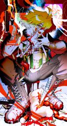 1boy blonde_hair blood blood_on_clothes blood_on_face blood_on_ground blood_on_hands boots bullet creature dagger gun guro handgun highres holding holding_gun holding_weapon ichiruho intestines knife licking licking_finger licking_own_finger load_bearing_vest looking_at_viewer male_focus orange_eyes original red_background short_hair sitting solo stab weapon