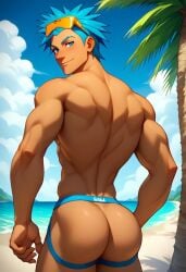 ai_generated ass back biceps big_ass blue_eyes blue_hair blush brawly_(pokemon) gay jockstrap jockstrap_only looking_at_viewer looking_back male male_only muscular muscular_male nintendo nude_male orange_eyewear pokemon pokemon_rse smile toned_body toned_male twall97