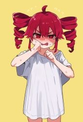 1girls ai_generated alternate_version_available angry blush blushing clothed clothed_female clothing female female_only kasane_teto oversized_shirt red_eyes red_hair solo sweat sweating twin_drills utau