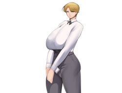 1girls big_ass big_breasts blonde_hair blue_eyes breasts busty clothed curvaceous curvy curvy_female female huge_breasts karasumiya king_(snk) king_of_fighters light-skinned_female light_skin long_sleeves pale-skinned_female pale_skin pants standing thick thick_thighs thighs voluptuous voluptuous_female white_shirt