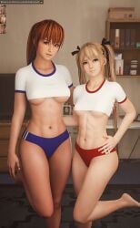 2girls 3d 3d_(artwork) abs belly darkbahamuth dead_or_alive female kasumi_(doa) marie_rose midriff petite pinup sports_uniform teenage_girl teenager tummy underboob young