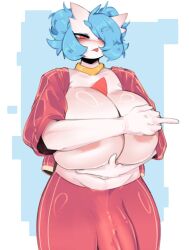 big_breasts big_bulge blep blue_hair blush blushing bottomwear breasts bulge clothed clothing detailed_bulge front_view gardevoir generation_3_pokemon genital_outline gynomorph hair hi_res huge_breasts humanoid hyper hyper_breasts intersex nintendo open_clothing open_shirt open_topwear pants penis_outline pokemon pokemon_(species) red_eyes setymus shiny_pokemon shirt solo tongue tongue_out topwear white_body