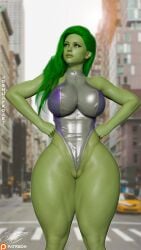 1girls 3d 3d_(artwork) big_breasts breasts female green_skin joshuaproart marvel nipples nipples_visible_through_clothing pussy she-hulk solo wide_hips