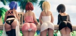 3d 4girls aqua_(kingdom_hearts) ass back_view black_hair blonde_hair blue_hair clothed destiny_islands dress female female_only kairi kingdom_hearts kingdom_hearts_iii long_hair looking_away masterdansdojo medium_hair namine outside panties red_hair see-through_clothing short_hair square_enix thighhighs upskirt xion