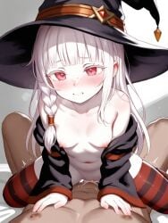 1boy 1girls ai_generated bed black_cloak blunt_bangs blush blushing cherrae_(kosine1777) cowgirl_position creampie cum cum_in_pussy flat_chest freckles kosine1777 kosineverse on_bed original original_character pale_skin pink_eyes sex single_braid small_breasts stockings straddling striped_stockings vaginal_penetration vaginal_sex white_hair witch witch_costume witch_hat