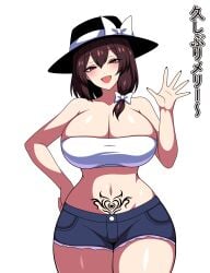 1girls 2d bare_shoulders belly belly_button big_breasts breasts brown_hair cleavage crop_top female hair_ribbon hat hat_bow japanese_text looking_at_viewer midriff open_mouth pubic_tattoo red_eyes renko_usami shiny_hair shiny_skin short_hair short_shorts shorts smile solo source ssaf ssaf52913778 ssaf_seibeupail standing thick_thighs touhou translated usami_renko waving waving_at_viewer white_background