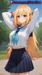 1girls ahoge ai_generated anime anime_style arms_behind_head arms_up bangs black_skirt blonde_hair blue_neckerchief blue_sailor_collar blue_skirt blue_sky blush breasts bust busty closed_mouth cowboy_shot crop_top crop_top_overhang day female female_focus female_only hair_flaps hair_intakes hentai koshi_torako large_breasts long_hair long_sleeves looking_at_viewer midriff midriff_peek miniskirt my_deer_friend_nokotan natsuyoru navel neckerchief outdoors pleated_skirt purple_eyes sailor_collar sailor_uniform school_uniform serafuku shirt shirt_overhang skirt sky smile solo solo_female standing thighs tree very_long_hair voluptuous voluptuous_female white_shirt