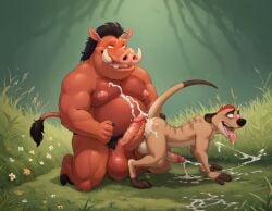 2boys 2males ai_generated all_fours anal anal_sex animal_ears anthro balls big_balls big_muscles big_nipples big_penis big_testicles black_hair boar booster_rex brown_fur cum cumming cumming_inside cumming_together cumshot daddy disney furry furry_male gay huge_balls huge_cock huge_muscles huge_nipples huge_testicles kneeling male muscles muscular muscular_anthro muscular_male nipples open_mouth penis pumbaa red_body red_hair tail teeth testicles the_lion_king timon two_tone_fur