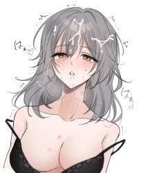 after_sex bite_mark bite_mark_on_shoulder black_bra blush bra breasts breath cleavage cum cum_on_body cum_on_hair drooling eyelashes facial female grey_hair hair_between_eyes hickey highres honkai:_star_rail honkai_(series) looking_at_viewer medium_breasts medium_hair numa_choco parted_lips saliva simple_background solo sound_effects stelle_(honkai:_star_rail) strap_slip tears trailblazer_(honkai:_star_rail) trembling underwear upper_body white_background yellow_eyes