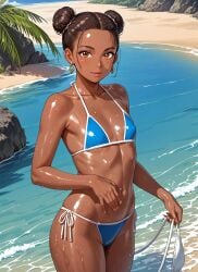 ai_generated beach bikini brown_body brown_hair brown_skin dark-skinned_female dark_hair earrings female female_only flat_chest hair_bun hands_in_hair hi_res looking_at_viewer petite_body pool seekster shiny_skin solo standing_up tight_bikini tight_swimsuit two_piece_swimsuit water wet wet_body wet_skin