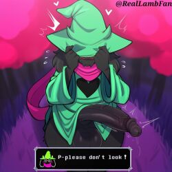 1boy ai_generated anthro aroused begging big_penis black_fur blush caprine covering_face cute deltarune detailed dialogue embarrassed erection femboy fluffy_tail flustered furry goat green_hat green_robe hat_pull heart heart-shaped_pupils horns huge_cock large_penis looking_away male male_focus monster oversized_hat penis_focus pink_background pink_scarf please_dont_look pleasured pulling_up_hat ralsei reallambfan scarf shy solo speech_bubble steam sweat text vibrant_colors wizard_hat