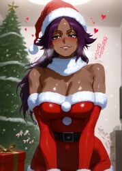 ai_generated big_breasts bleach blush breasts christmas christmas_outfit dark_skin gintoai looking_at_viewer shihouin_yoruichi