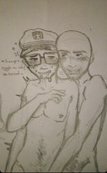 2boys autism black_and_white captains_hat cuddling dominant fanart gay handjob implied_handjob implied_sex innocent joshua_block lolcow mrbasednyc older_male tiktok tiktoker traditional_media_(artwork) worldoftshirts younger_male