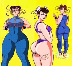 2d_(artwork) 3girls asian big_ass bikini cellulite chinese chun-li clothed huge_ass looking_at_viewer looking_down masochistmaverick street_fighter thick_thighs