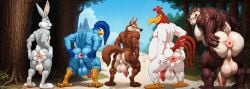 5boys ai_generated animal_ears anthro anus ass ass_focus back balls big_balls big_nipples big_penis big_testicles bird blue_feathers booster_rex brown_fur bugs_bunny canine chicken coyote erect_nipples feathers foghorn_leghorn forest from_behind furry furry_male gay gloves grey_fur huge_balls huge_cock huge_testicles looking_at_viewer looking_back looney_tunes muscular muscular_anthro muscular_male nipples penis presenting presenting_anus presenting_ass rabbit rabbit_ears road_runner_(looney_tunes) smiling smiling_at_viewer spread_anus spread_ass tail tasmanian_devil tasmanian_devil_(looney_tunes) testicles two_tone_fur white_feathers white_gloves wile_e._coyote