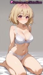 1girls ahoge ai_generated anime anime_style arms_behind_back asian bangs bare_arms bare_legs bare_shoulders barefoot bed_sheet blonde_hair blush bow_bra bow_panties bra breasts bust busty cameltoe cleavage closed_mouth collarbone female female_focus female_only full_body grey_background hentai kneeling large_breasts lingerie looking_at_viewer medium_breasts my_deer_friend_nokotan natsuyoru navel nose_blush on_bed panties pantsu pussy pussy_juice pussy_juice_drip_through_clothes pussy_juice_stain red_eyes seiza short_hair simple_background sitting smile solo solo_female stomach tanukikouji_kinu thighs underwear underwear_only voluptuous voluptuous_female white_bra white_panties