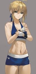 1girls abs ahoge antenna_hair bare_arms bare_belly bare_chest bare_legs bare_midriff bare_navel bare_shoulders bare_skin bare_thighs belly belly_button blonde_eyebrows blonde_female blonde_hair blonde_hair blonde_hair_female blue_hair_ribbon blue_hair_tie blue_ribbon blue_shorts blue_sports_bra breasts collarbone curvaceous curvaceous_body curvaceous_female curvaceous_figure curvaceous_hips curvaceous_thighs curvy curvy_body curvy_female curvy_figure curvy_hips curvy_thighs dot_nose elbows exposed_arms exposed_belly exposed_chest exposed_legs exposed_midriff exposed_navel exposed_shoulders exposed_skin exposed_thighs eyebrows_visible_through_hair fair_skin fate/grand_order fate_(series) female female_focus female_only fingers green_eyes green_eyes_female grey_background groin hair_between_eyes hair_bun hair_ribbon hair_tie high_resolution highres irene_(kanniiepan) kanniiepan lean_body lean_figure legs legs_closed legs_together light-skined_female light-skinned light-skinned_female light_skin light_skin_female light_skinned light_skinned_female lips looking_at_viewer midriff muscular muscular_female narrow_waist navel ribbon saber scar scar_on_arm scar_on_face shorts shoulders sidelocks simple_background slender_body slender_waist slim_girl slim_waist small_breasts smooth_skin solo sports_bra sportswear standing thick_thighs thigh_gap thighs thin_waist upper_body v-line wide_hips