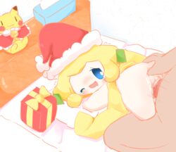 bed blush bow christmas female gift holidays human jirachi legendary_pokemon male mammal mikokami nintendo one_eye_closed open_mouth penetration penis pikachu pillow plushie pokemon pokemon_(species) pussy sex smile straight tears tissue vaginal_penetration video_games