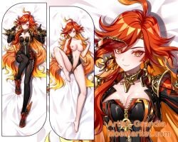 body bodysuit breasts dakimakura dakimakura_design gloves long_hair mavuika_(genshin_impact) red_hair