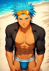 abs ai_generated biceps blue_eyes blue_hair blush brawly_(pokemon) gay jockstrap jockstrap_only looking_at_viewer male male_only muscular muscular_male nintendo nipples open_shirt orange_eyewear pecs pokemon pokemon_rse smile toned_body toned_male twall97