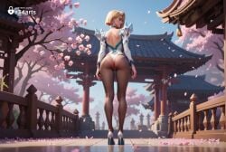 1girls ai_generated architecture artist_name ass back backless_leotard backless_outfit blonde_hair blue_eyes blue_sky brown_pantyhose cherry_blossoms day earrings east_asian_architecture emma_frost emma_frost_(marvel_rivals) from_behind full_body hellfire_club hi_res high_heels highleg highleg_leotard jewelry leotard long_sleeves looking_at_viewer looking_back marvel marvel_comics marvel_rivals outdoors pantyhose petals r34arts short_hair sky solo standing tree white_footwear white_leotard white_queen