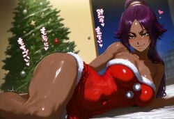 ai_generated big_breasts bleach blush breasts christmas christmas_outfit dark_skin gintoai looking_at_viewer shihouin_yoruichi