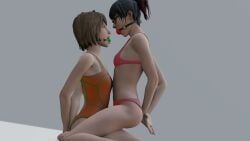 2girls 3d arms_behind_back ball_gag bikini black_hair bondage brooke_scott female females_only gag gagged glasses hapsters1 life_is_strange max_caulfield one-piece_swimsuit orange_one-piece_swimsuit pink_bikini swimsuit
