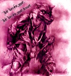 2007 animal_genitalia balls canine claws grrrwolf male mammal necktie sheath shredded_clothes snarling teeth traditional_media_(artwork) transformation were werewolf