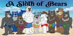 arms_outstretched badger beach bear black_nose black_text blue_body blue_eyes blue_fur blue_nose blue_pawpads blue_sclera blue_sky blue_water brown_body brown_fur bruce_(brucebadger) bruce_badger brucebadger bulge clothed clothing cloud detailed_bulge dick_bulger english_text fur genital_outline green_clothing green_speedo green_swimwear group hat headgear headwear hi_res klein_(brucebadger) male male/male mammal motion_lines multicolored_clothing multicolored_swimwear mustelid musteline open_mouth open_smile orange_clothing orange_speedo orange_swimwear orange_trunks outside pantsless pantsless_anthro pantsless_male patting pawpads penis_outline purple_clothing purple_speedo purple_swimwear rainbow_clothing rainbow_swimwear sand sharp_teeth sky smile sound_effects speedo speedo_only swimwear swimwear_only teeth teeth_showing text tongue_showing topless white_body white_fur