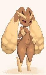 absurdres animal_ears animal_feet animal_nose black_sclera body_fur breasts brown_fur colored_sclera covering_one_breast covering_privates female furry furry_female groin hand_on_own_chest highres lopunny navel nipples no_humans pokemon pokemon_(creature) psychostars pussy rabbit_ears rabbit_girl rabbit_tail red_eyes small_breasts smile solo tail thighs