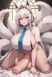 1futa :o ai_generated arm_support balls bed big_breasts blue_tie blush civitai foreskin fox_ears fox_girl fox_tail futa_only futanari hair_ornament hands_on_bed huge_breasts huge_cock kaia_(project_qt) kitsune kneeling long_hair long_penis nutaku on open_mouth orange_eyes pqt_futa_lover precum project_qt ring ring_(jewelry) shirt short_sleeves sideboob spread_legs tail tiara tie underwear veiny_penis white_hair white_underwear wide_hips