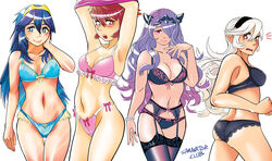 4girls ass blue_eyes blue_hair blush bow bow_panties bra bracelet breasts camilla_(fire_emblem) cleavage corrin_(fire_emblem) corrin_(fire_emblem)_(female) elf eyelashes fire_emblem fire_emblem_awakening fire_emblem_fates frills garter_belt garter_straps hair_over_one_eye hairband hinoka_(fire_emblem) long_hair lucina_(fire_emblem) multiple_girls nail_polish navel nintendo panties pointy_ears purple_hair red_eyes red_hair samanator_club shirt_lift short_hair simple_background smile thighhighs tiara undressing white_background white_hair