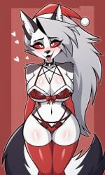 ahe_gao ahegao_face ai_generated anthro anthro_female anthro_only armwear christmas christmas_hat christmas_lingerie female female_anthro female_only furry furry_female furry_only giant_breasts helluva_boss lingerie loona_(helluva_boss) pixai red_armwear red_lingerie red_thighhighs thick_thighs thighhighs wide_hips