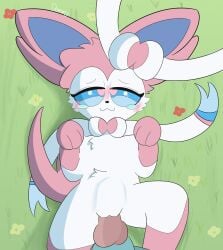 absurd_res bodily_fluids demmy duo eeveelution female feral flower fur generation_4_pokemon generation_6_pokemon grass grass_field heart_eyes heart_symbol hi_res lucario male male/female nintendo pink_body pink_fur pink_tail plant pokemon pokemon_(species) ribbons sylveon tail tears tears_of_pleasure white_body white_fur