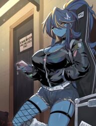 2020s 2025 backpack belt big_ass big_breasts blue_hair blue_skin bored case choker cleavage denim denim_shorts door garter_belt geistbox guitar_case hair_ornament hair_over_eyes hand_in_pocket hi_res highres jorts large_breasts leaning_on_wall multicolored_nails painted_nails pandy_(geistbox) phone phone_charm ponytail puffer_jacket short_shorts shorts single_fishnet_legwear single_thighhigh socks thick_thighs white_belt white_socks yellow_eyes yellow_highlights yellow_sclera