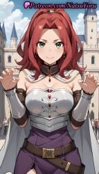 1girls ai_generated anime anime_style armor bare_shoulders belt bitch_(shield_hero) blush breastplate breasts brown_belt bust busty cape castle claw_pose cleavage closed_mouth cloud copyright_name day detached_sleeves dress earring earrings female forehead green_eyes hands_up hentai jewelry large_breasts long_hair looking_at_viewer malty_s_melromarc medium_breasts natsuyoru non-asian outdoors parted_bangs people ponytail purple_dress purple_skirt red_hair side_slit sky smile solo_focus tate_no_yuusha_no_nariagari the_rising_of_the_shield_hero vambraces voluptuous voluptuous_female white_cape yellow_eyes