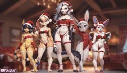 5girls ai_assisted ai_generated animal_crossing ankha anthro anthro_only belly_button blue_eyes bob_cut bodysuit cat_ears cat_girl cat_humanoid cat_tail christmas christmas_clothing christmas_hat christmas_outfit crossover disney female female_focus female_only fishnet_legwear fishnet_stockings fishnets flat_chest furry furry_female furry_only green_eyes helluva_boss judy_hopps lagomorph lola_bunny loona_(helluva_boss) looney_tunes mammal mammal_humanoid multiple_girls navel panties panzglard paws pokemon pose purple_eyes rabbit rabbit_ears rabbit_girl rabbit_humanoid rabbit_tail red_eyes red_panties small_breasts standing stockings sylveon tail take_your_pick thin_waist twitter twitter_link twitter_username waist wolf wolf_ears wolf_girl wolf_humanoid wolf_tail zootopia