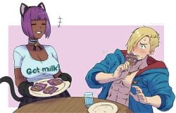 1boy1girl 1girls ^_^ abs bell_choker blunt_bangs blush bob_cut breasts cat_ears cat_tail cleavage clothed clothes_writing commission cookie dark-skinned_female dark_skin duo ed_(street_fighter) fake_animal_ears female frilled_choker got_milk hair_over_one_eye jingle_bell kemonomimi large_breasts light-skinned_male light_skin male menat_(street_fighter) muscular muscular_male oven_mitts plaid_skirt purple_hair skirt smile street_fighter street_fighter_6 street_fighter_v twitter_username wallace_pires