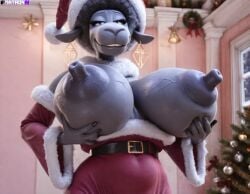 2020s 2024 ai_generated anthro areolae big_breasts black_areola black_fur boob_focus breasts christmas dark_skin elderly_female female female_anthro female_focus female_only from_below furry gilf hanging_breasts huge_breasts hyper hyper_breasts illumination_entertainment looking_at_viewer matronai_(artist) mature mature_female nana_noodleman old older_female sagging_breasts santa_dress sheep sing_(movie) smile veiny_breasts wool_(fur)