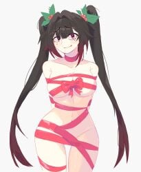 almost_naked big_breasts black_hair blush bondage christmas collar covered_nipples covered_pussy cute embarrassed gift_wrapped hair_ornament highlights_(coloring) highres honkai:_star_rail makeup mihoyo mistletoe pink_eyes smile smile_at_viewer sparkle_(honkai:_star_rail) thighs tied_up tight_clothing twintails unfamousradish white_background wide_hips