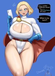 1girls blonde_hair blue_eyes blue_gloves bob_cut cape cigusa cleavage cleavage_cutout complaining dc_comics entitled hourglass_figure huge_breasts huge_thighs leotard looking_at_object massive_breasts oblivious one_eye_half-closed power_girl red_cape short_hair simple_background smartphone speech_bubble standing superheroine thick_thighs thighs thong_leotard whining white_leotard wide_hips