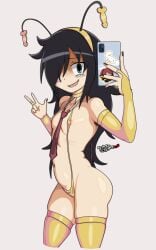 armpit_hair black_hair female kuroki_tomoko lingerie long_hair nervous platartmon selfie sling_bikini solo stockings v watashi_ga_motenai_no_wa_dou_kangaetemo_omaera_ga_warui!