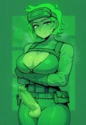 1futa ai_generated altra_x awaria belt cleavage futanari ghost ghost_girl glowing green_eyes green_hair green_skin nikita_naprava precum short_hair steaming_body sweat thick_thighs unzipped unzipped_pants wide_hips