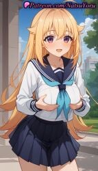 1girls :d ahoge ai_generated anime anime_style bangs black_skirt blonde_hair blue_neckerchief blue_sailor_collar blue_skirt blue_sky blush braid breast_hold breast_lift breasts bust busty collarbone cowboy_shot day female female_focus female_only grabbing_own_breast hair_between_eyes hair_flaps koshi_torako large_breasts long_hair long_sleeves looking_at_viewer medium_breasts miniskirt my_deer_friend_nokotan natsuyoru neckerchief open_mouth outdoors pink_eyes pleated_skirt purple_eyes sailor_collar sailor_uniform school_uniform serafuku shikanoko_nokonoko_koshitantan shirt skirt sky smile solo solo_female very_long_hair voluptuous voluptuous_female white_shirt