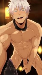 blue_eyes cock cock_in_hand cum dick dick_in_hand grin jujutsu_kaisen kuroshinki muscular_male nipples pecs penis satoru_gojo shirtless_male sliver_hair smiling smirking