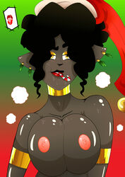 anthro big_breasts black_hair breasts candy candy_cane candy_cane_in_mouth christmas cleavage clothed clothing cornelia_(character) cornelia_(quest_for_fun) costume dandabar ear_piercing feline female food hair hat holidays jewelry lipstick makeup mammal mascara necklace nevlinad nipples piercing pinup pose quest_for_fun red_lipstick santa_hat seductive solo vixine_comics voluptuous