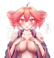 1girls 2d 2d_(artwork) big_breasts blush breasts cleavage detached_sleeves female female_only japanese_text kasane_teto large_breasts mimikku red_eyes red_hair solo twin_drills utau